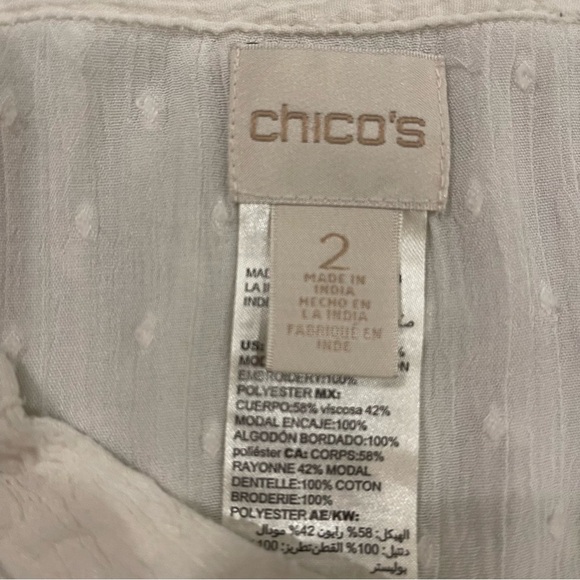 Chico’s Swiss Dot Button Up Shirt Women’s Large (2) White Lace Embroidered Modal - Picture 7 of 11